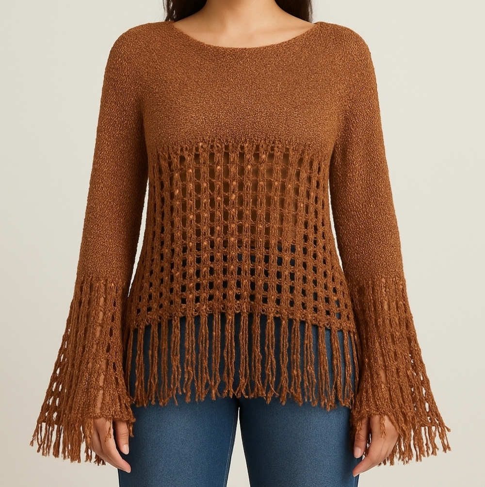R.J Metallic Bronze Shimmer Crochet Fringe Knit Top Boho Festival Sweater L